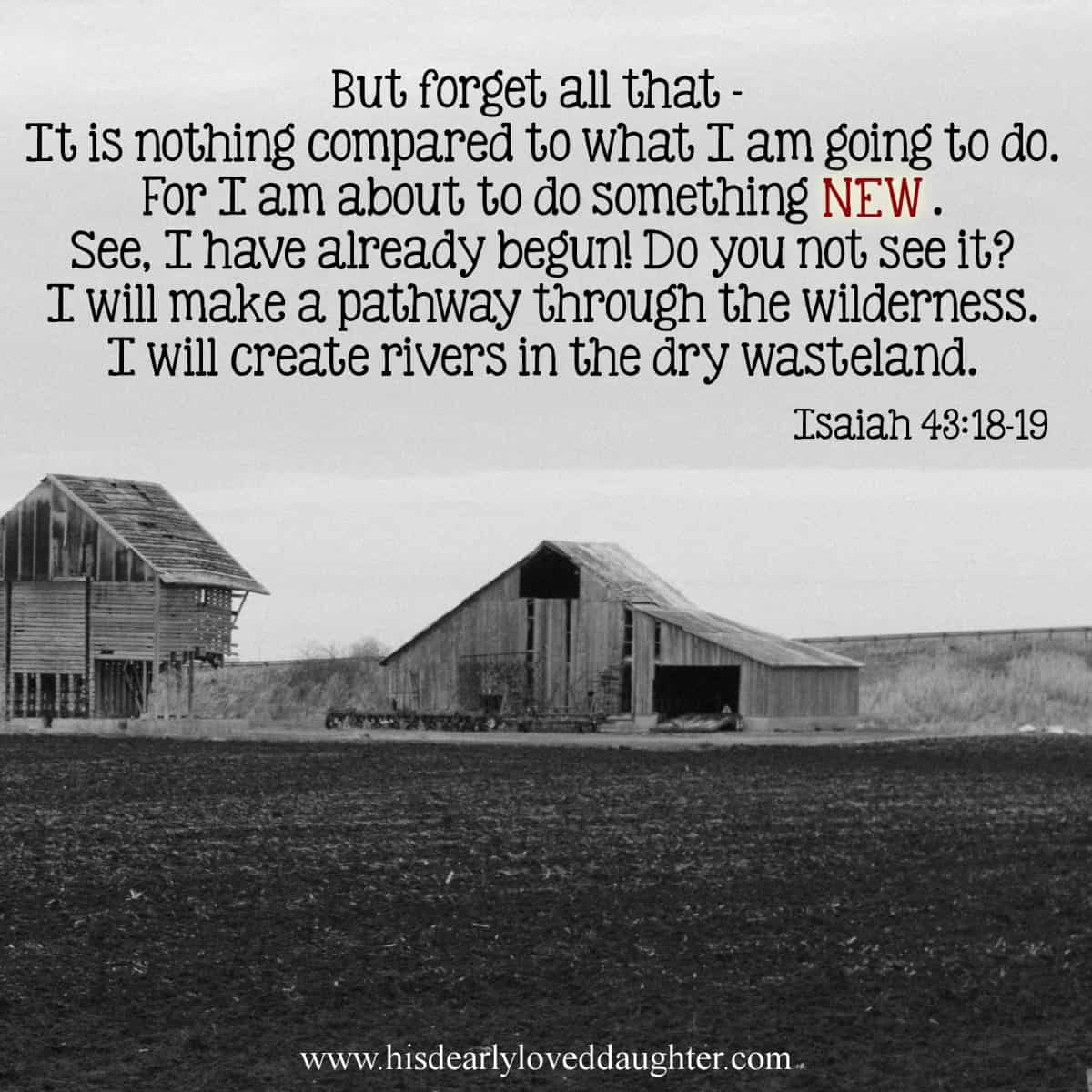 But forget all that - It is nothing compared to what I am going to do. For I am about to do something new. See, I have already begun! Do you not see it? I will make a pathway through the wilderness. I will create rivers in the dry wasteland. Isaiah 43:18-19