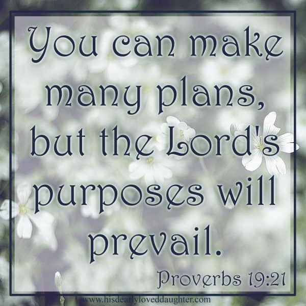 You can make many plans, but the Lord 's purposes will prevail. Proverbs 19:21