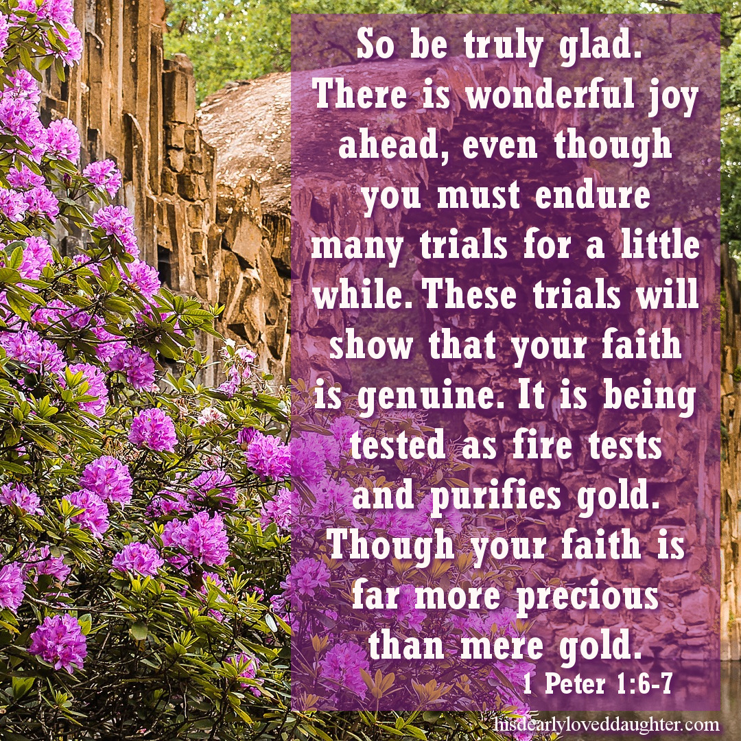 So be truly glad, there is wonderful joy ahead, even though you must endure many trials for a little while. These trials will show that your faith is genuine. It is being tested as fire tests and purifies gold. Though your faith is far more precious than gold. 1 Peter 6:7