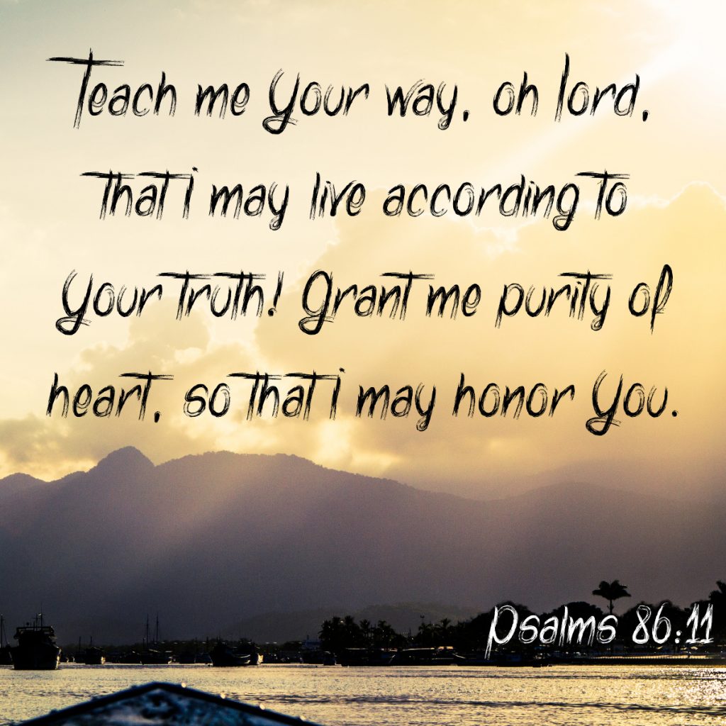 Teach me Your way, oh Lord, that I may live according to Your Truth! Grant me purity of heart, so that I may honor You. Psalms 86:11