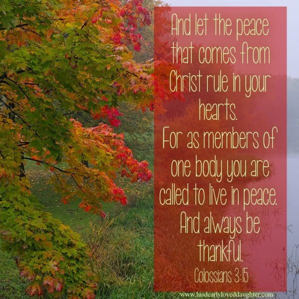 And let the peace that comes from Christ rule in your hearts. For as members of one body you are called to live in peace. And always be thankful. Colossians 3:15
