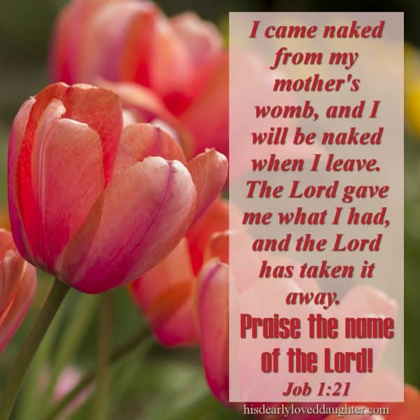 I came naked from my mother's womb, and I will be naked when I leave. The Lord gave me what I had, and the Lord has taken it away. Praise the name of the Lord! Job 1:21