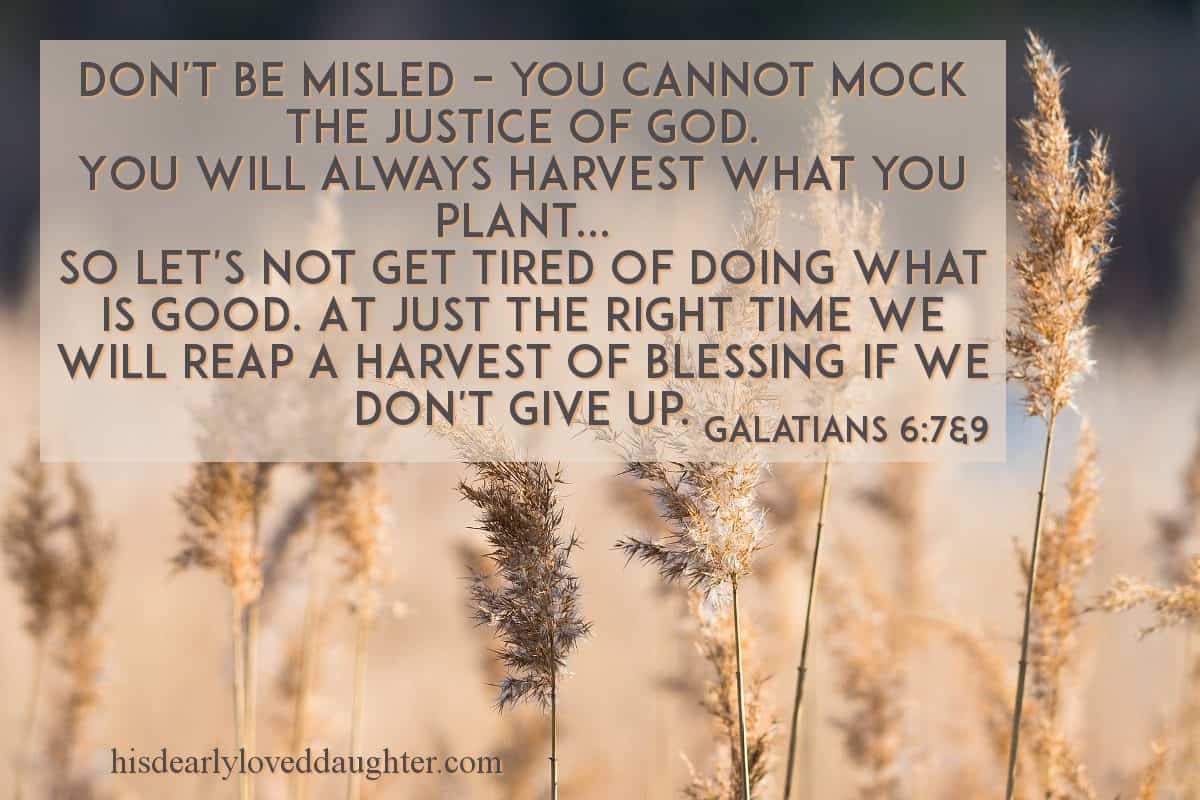 Don't be misled – you cannot mock the justice of God. You will always harvest what you plant... So let's not get tired of doing what is good. At just the right time we will reap a harvest of blessing if we don't give up. Galatians 6:7&9