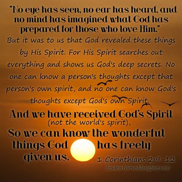 "No eye has seen, no ear has heard, and no mind has imagined what God has prepared for those who love Him." But it was to us that God revealed these things by His Spirit. For His Spirit searches out everything and shows us God's deep secrets. No one can know a person's thoughts except that person's own spirit, and no one can know God's thoughts except God's own Spirit. And we have received God's Spirit (not the world's spirit), so we can know the wonderful things God has freely given us. 1 Corinthians 2:9-12