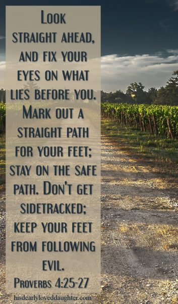 Look straight ahead, and fix your eyes on what lies before you. Mark out a straight path for your feet; stay on the safe path. Don't get sidetracked; keep your feet from following evil. Proverbs 4:25-27