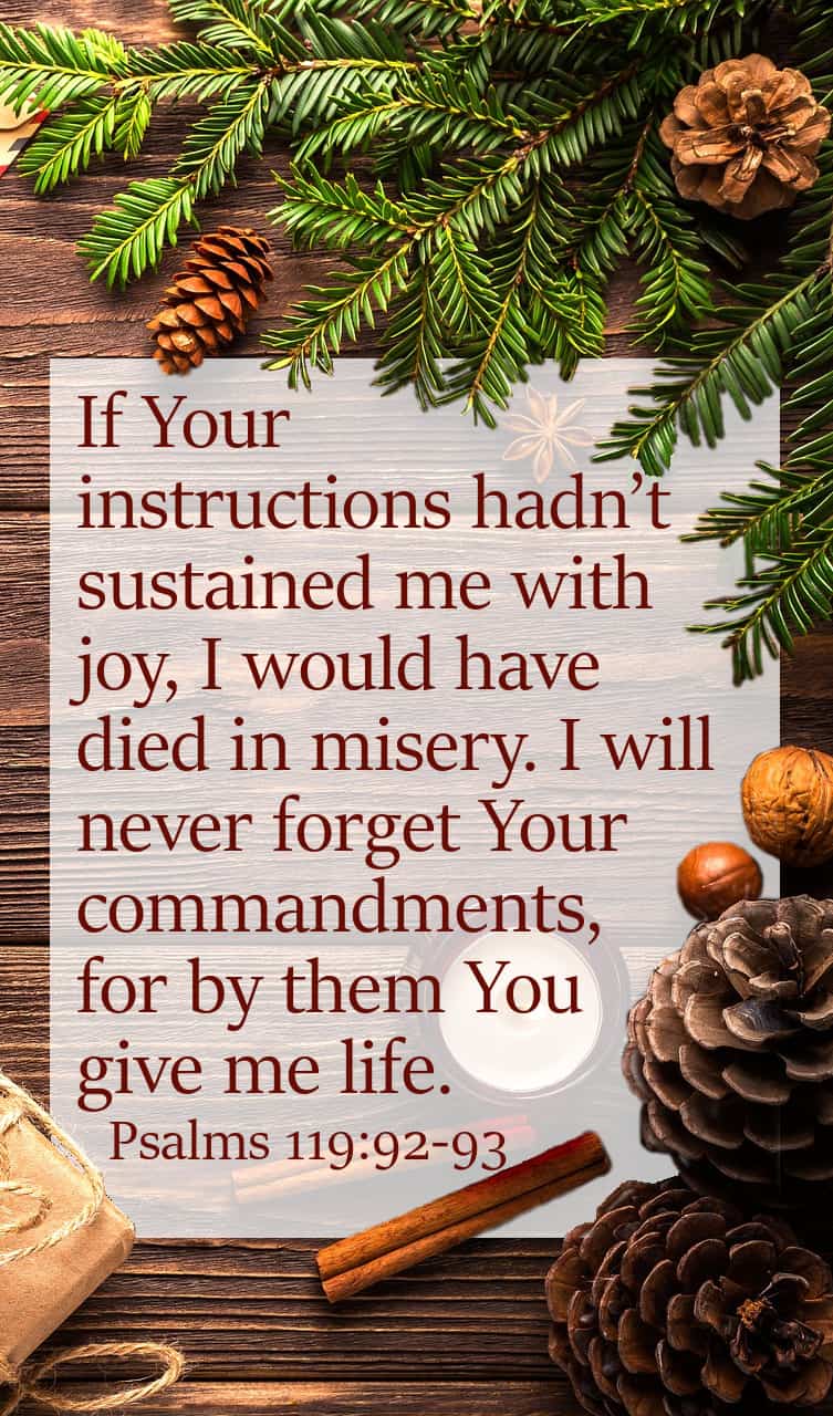 If Your instructions hadn’t sustained me with joy, I would have died in misery. I will never forget Your commandments, for by them You give me life. Psalms 119:92-93