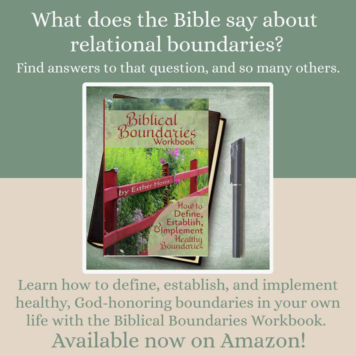 What does the Bible say about relational boundaries? Find answers to that question and many others. Learn how to define, establish, and implement healthy, God-honoring boundaries in your own life with the Biblical Boundaries Workbook. Available now on Amazon!