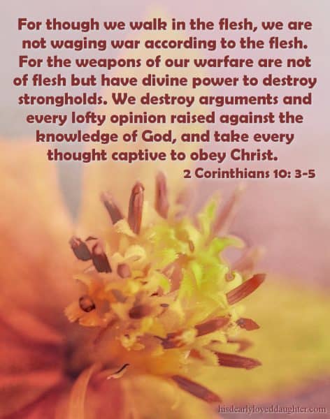 For though we walk in the flesh, we are not waging war according to the flesh. For the weapons of our warfare are not of the flesh but have divine power to destroy strongholds. We destroy arguments and every lofty opinion raised against the knowledge of God, and take every thought captive to obey Christ. 2 Corinthians 10:3-5