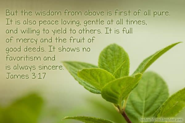 But the wisdom from above is first of all pure. It is also peace loving, gentle at all times, and willing to yield to others. It is full of mercy and the fruit of good deeds. It shows no favoritism and is always sincere. James 3:17