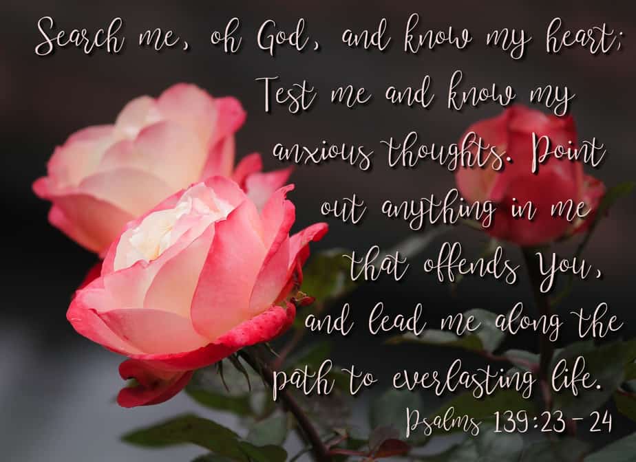 Psalms 139:23-24 - Search me, O God, and know my heart; test me and know my anxious thoughts. Point out anything in me that offends You and lead me along the path to everlasting life.