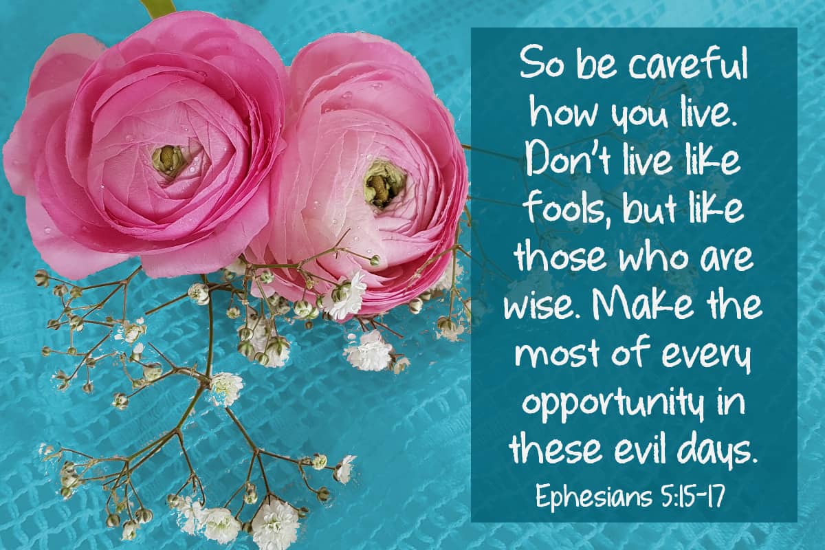 So be careful how you live. Don’t live like fools, but like those who are wise. Make the most of every opportunity in these evil days. Ephesians 5:15- 17