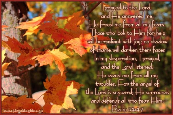 I prayed to the Lord, and He answered me. He freed me from all my fears. Those who look to Him for help will be radiant with joy; no shadow of shame will darken their faces. In my desperation, I prayed, and the Lord listened; He saved me from all my troubles. For the angel of the Lord is a guard; He surrounds and defends all who fear Him. Psalm 34:4-7